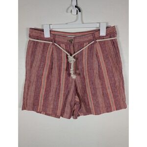 J Jill Love‎ Linen Shorts Womens 10 Red Striped Pleated Rope Belt Summer Casual